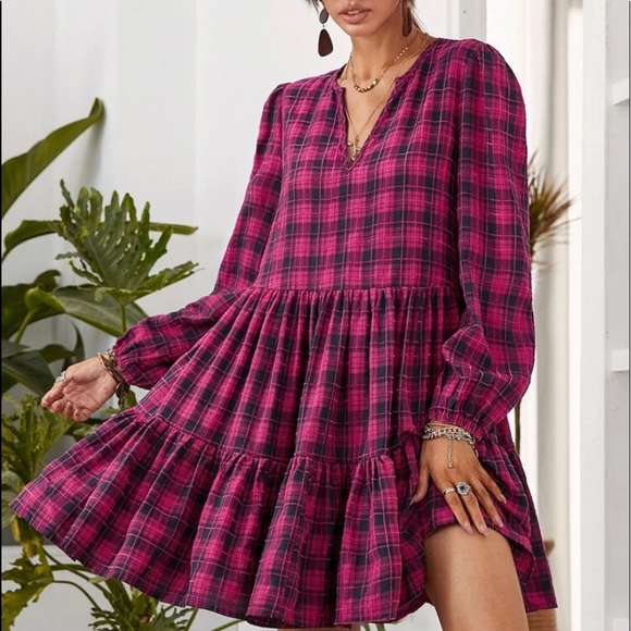 Dresses & Skirts - Plaid ruffle hem lantern sleeve blouse plum